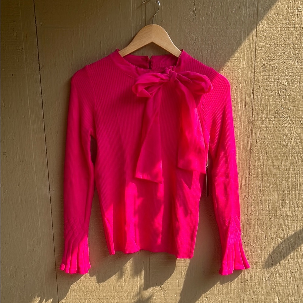 Vibrant Pink Knit Long Sleeve Tie Front Blouse
